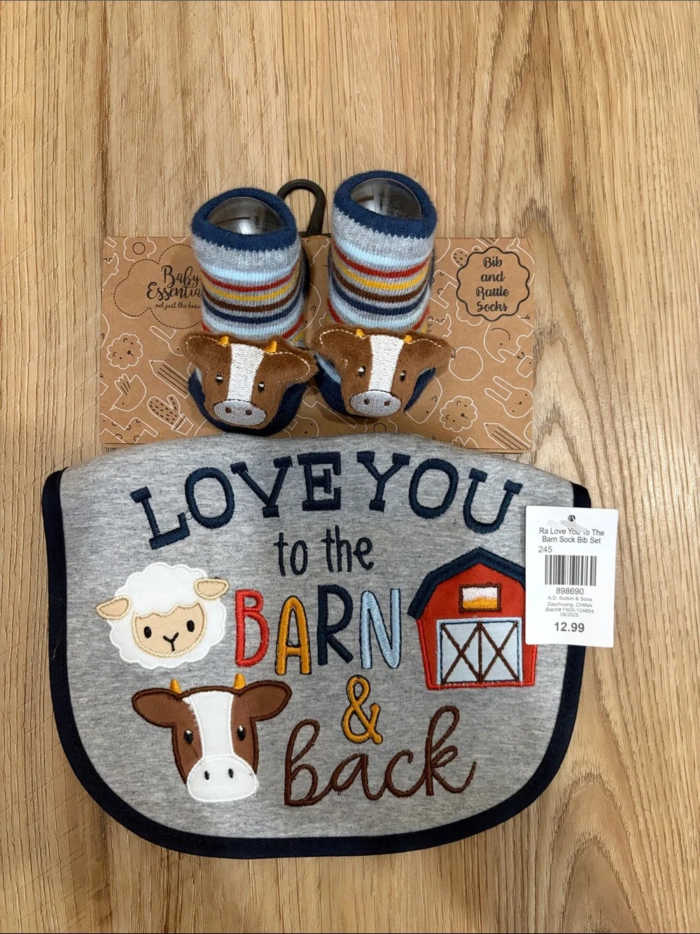 Baby Essentials Gray Bib and Farm Animal Booties Set - Navy & Multicolor